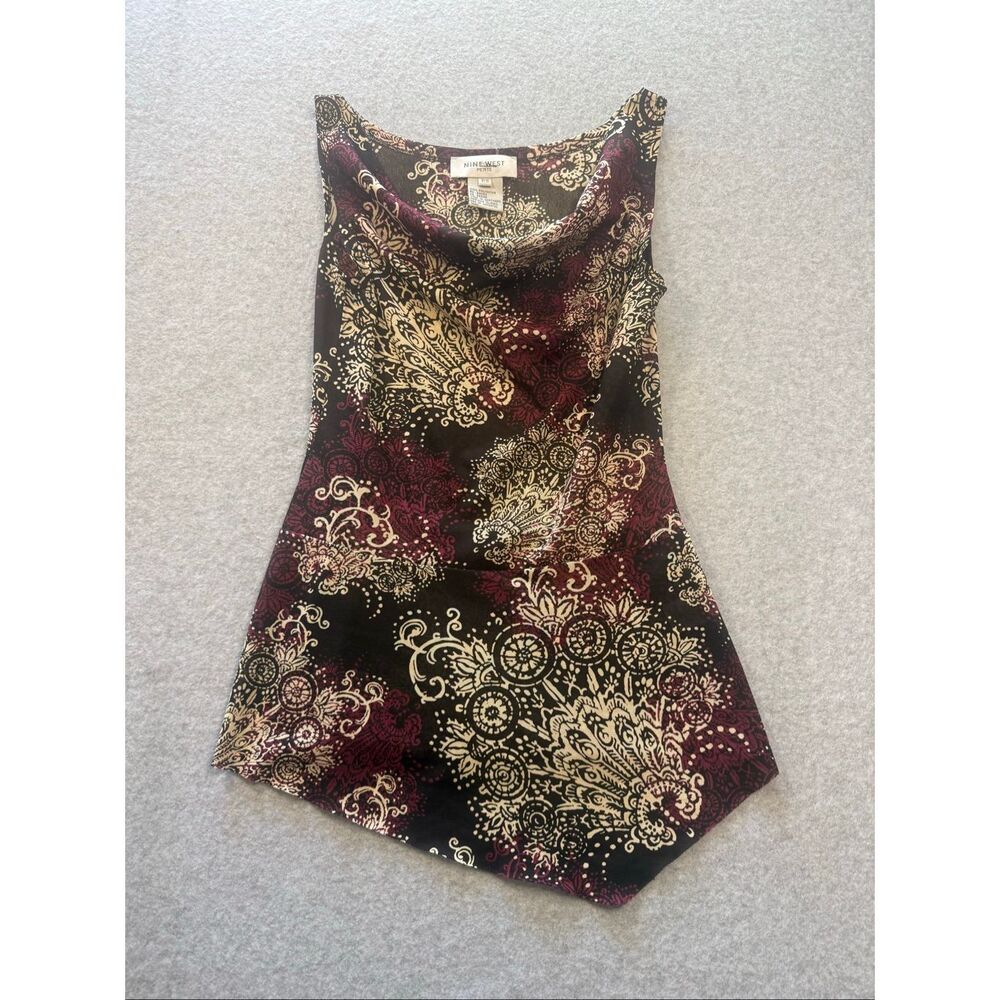 Y2K Nine West petite maroon pattern asymmetrical hem boho festival top PS